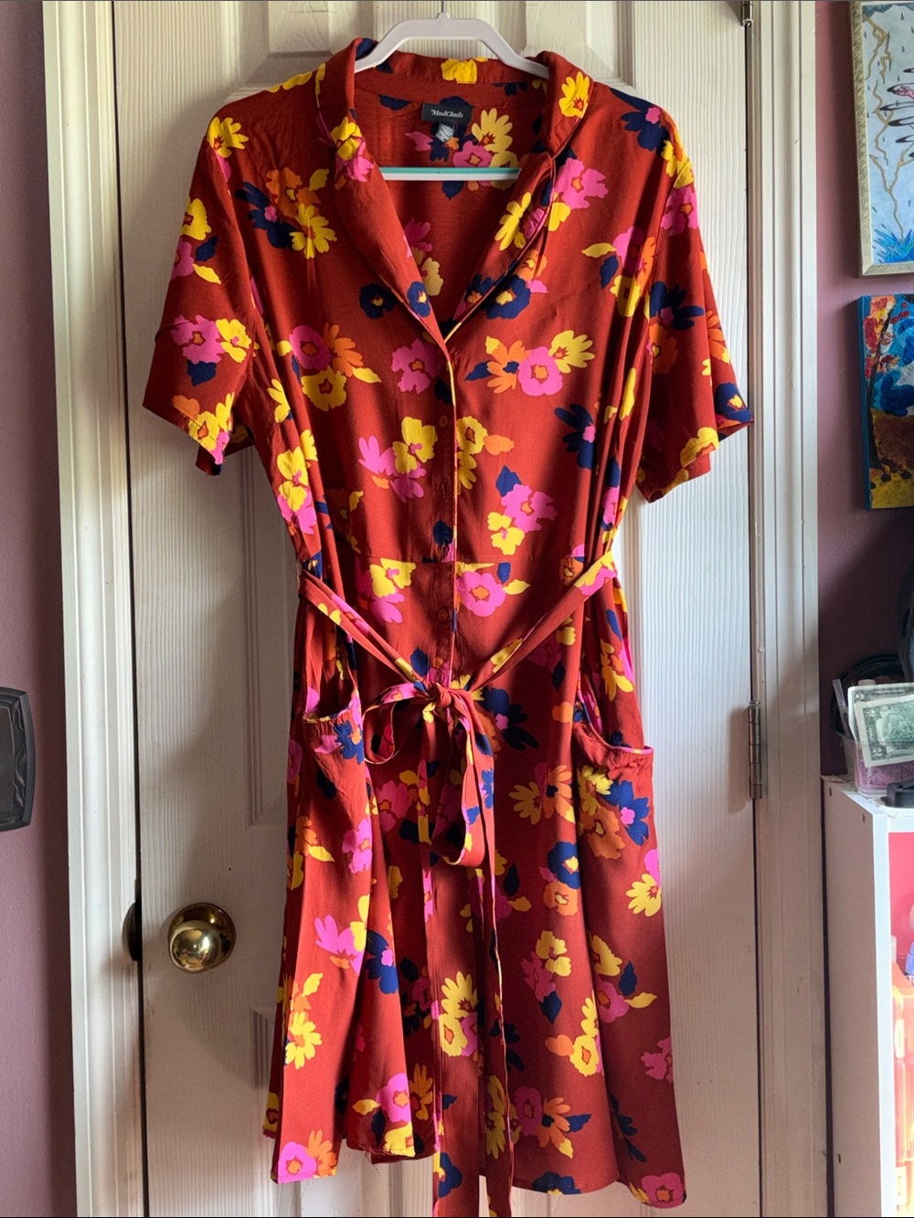 ModCloth Rust Floral Tie-Waist Midi Dress